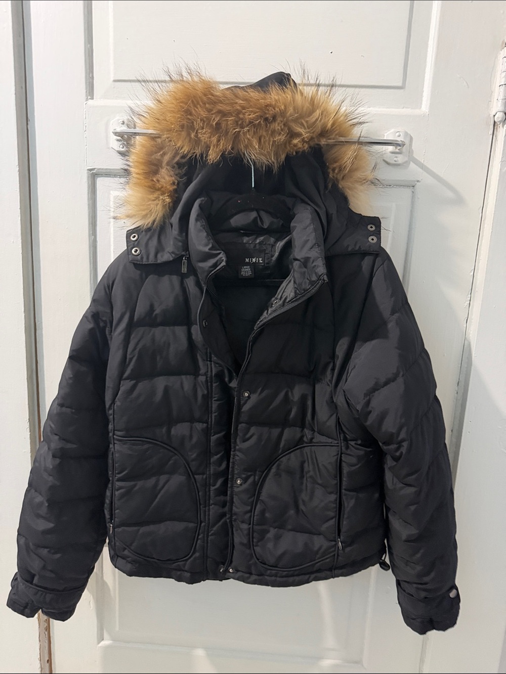 Mixit Black Puffer Jacket with Faux Fur Hood Trim